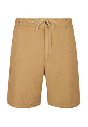 Shorts décontractés marron clair avec cordon de serrage et fermeture par bouton, avec passants de ceinture et tissu texturé.