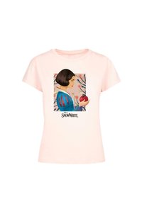 Rosa bomull t-skjorte med et grafisk motiv av Snøhvit som holder et eple, med fargerike blomsterdetaljer og teksten "Disney Snøhvit" nedenfor.