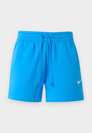Φωτεινά μπλε αθλητικά σορτς με ελαστική μέση, κεντρικό κορδόνι και μικρό λευκό λογότυπο Nike στο αριστερό πόδι.