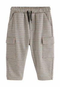 Beige, sinine ja roostes tooni ruudulised lühikesed püksid, millel on elastne vöökoht ja pael, samuti kaks külge taskut.