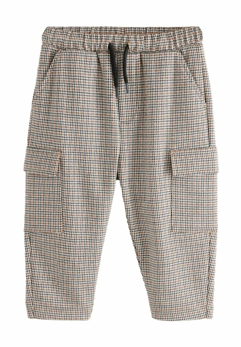 Beige, sinine ja roostes tooni ruudulised lühikesed püksid, millel on elastne vöökoht ja pael, samuti kaks külge taskut.