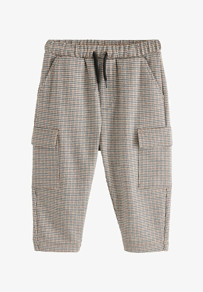 Beige, sinine ja roostes tooni ruudulised lühikesed püksid, millel on elastne vöökoht ja pael, samuti kaks külge taskut.