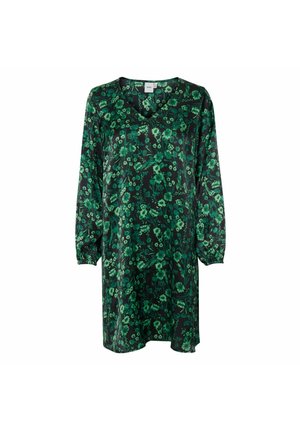 Zielona sukienka w kwiaty na czarnym tle, z dekoltem w serek i długimi bufkowatymi rękawami. Wykonana z gładkiego materiału, o luźnym, swobodnym kroju.