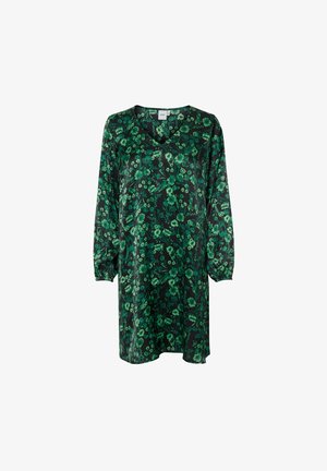 Vestido floral verde con fondo negro, cuello en V y mangas largas abullonadas. Hecho de un material suave con un corte cómodo y holgado.