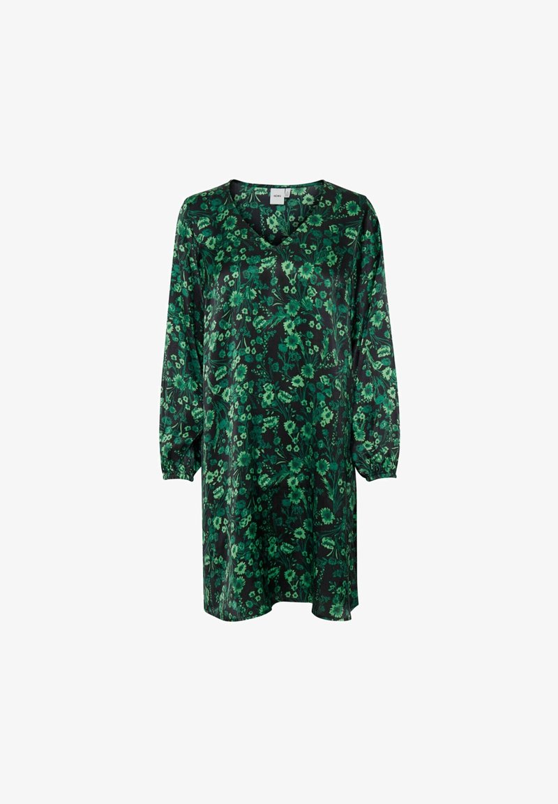 Robe verte à motif floral sur fond noir, col en V, et manches longues bouffantes. Confectionnée dans un tissu lisse avec une coupe ample et décontractée.