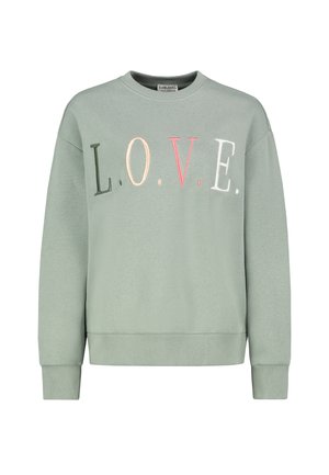 Grüne Sweatshirt mit Rundhalsausschnitt und langen Ärmeln. Verfügt über gestickte Buchstaben "L.O.V.E." in verschiedenen Farben auf der Vorderseite.