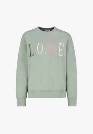 Green sweatshirt with a round neckline and long sleeves. Features embroidered letters “L.O.V.E.” in different colors on the front.