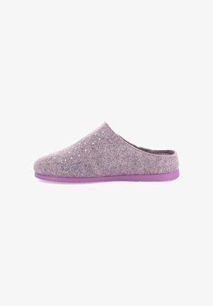 Zoccoli di feltro viola con design slip-on, dotati di perforazioni per la ventilazione e suola in gomma viola con texture.