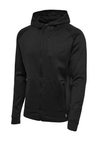 Schwarze Kapuzenjacke mit durchgehendem Reißverschluss, langen Ärmeln, seitlichen Reißverschlusstaschen und verstellbaren Kordeln an der Kapuze.