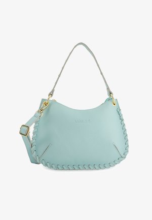 Sac à main en cuir bleu clair avec bords tissés, ferrures dorées, bandoulière ajustable et logo Venezia embossé au centre.