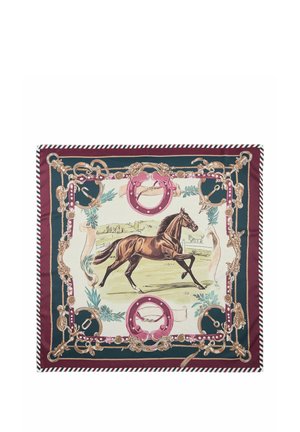 Square scarf with a running brown horse in the center, surrounded by decorative horse tack and floral motifs in maroon, green, and beige.