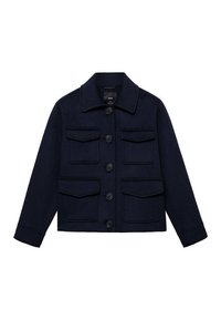 Giacca di lana blu navy con colletto, quattro tasche a patella, maniche lunghe e cinque bottoni neri frontali.