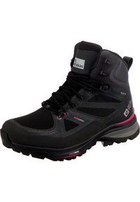 Botte de randonnée noire avec une tige en maille, finition texturée, accents roses et semelle robuste avec des crampons prononcés pour l'adhérence.