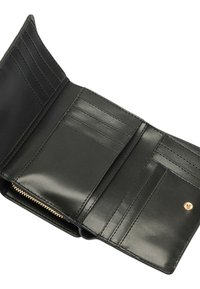 Portafoglio in pelle nera con una superficie liscia, dotato di diverse fessure per carte, un compartimento con zip e un pulsante a scatto con dettaglio dorato.