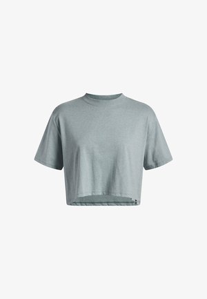 Light grey cropped t-shirt made of soft cotton. Features a round neck, short sleeves, and a straight hem with a subtle brand tag at the bottom.