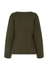 Oliven grøn strikket sweater med lange ærmer, en bred halsudskæring og en tætsiddende pasform. Ribbet tekstur i hele stoffet.
