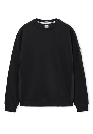 Czarna bluza z długim rękawem i okrągłym dekoltem, ze ściągaczami przy mankietach, małą naszywką na lewym rękawie oraz detalem z tkaniny na szwach ramion.