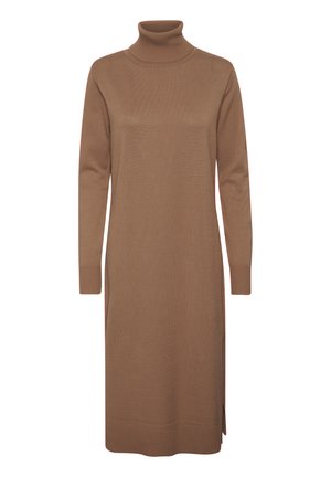 Brown knitted dress with a high turtleneck, long sleeves, and side slits at the hem. Soft texture with ribbed cuffs and neck.