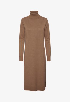 Pruun kudum dress kõrge kaelusega, pikad varrukad ja külgmised lõhikud hemme juures. Pehme tekstuur ribaga mansettide ja kaelaosa ümber.