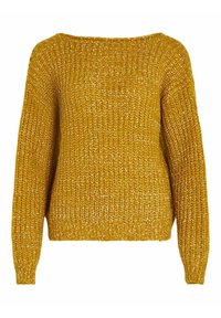 Senfgelb gestrickter Pullover mit lockerem Sitz, weitem Ausschnitt, gerippten Bündchen und einem strukturierten Stoffmuster. Langärmlig und hüftlang.