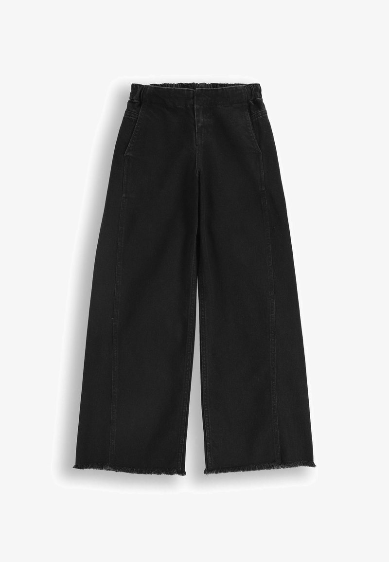Czarne dżinsowe spodnie o szerokich nogawkach z postrzępionym dołem, elastycznym pasem i dwoma bocznymi kieszeniami; gładka tekstura i minimalistyczny design.