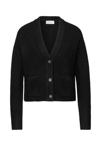 Svart räfflad cardigan med djup V-hals, framfickor och fyra dekorativa knappar. Tillverkad av strukturerat stickat material.