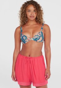 Floral bikini top in teal and pink, with soft cups and wide straps, paired with loose-fitting coral shorts featuring a lace trim and drawstring.