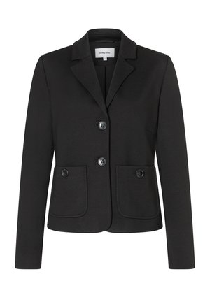 Schwarzer maßgeschneiderter Blazer mit zwei vorderen Taschen mit Knöpfen und zwei zentralen Knöpfen vorne, langen Ärmeln und Revers mit Kerbe.
