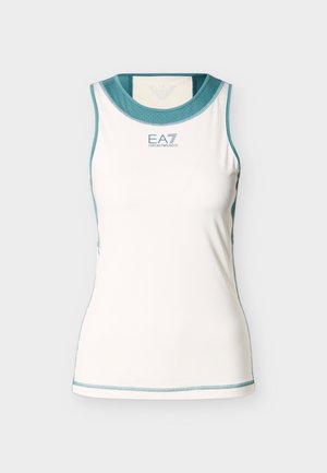 Haut sportif blanc sans manches avec bordure bleu sarcelle au niveau du cou et des bras, arborant le logo EA7 Emporio Armani centré sur la poitrine.