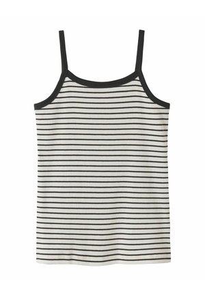 Débardeur blanc côtelé avec fines rayures horizontales noires et bordure noire au niveau de l'encolure et des bretelles.