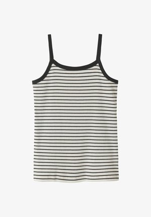 Witte geribbelde tanktop met dunne zwarte horizontale strepen en zwarte bies langs de halslijn en bandjes.