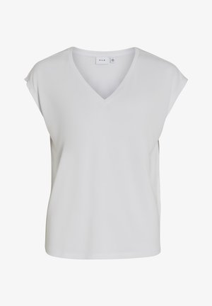Witte korte mouwen top van gladde stof met een V-hals en een losse pasvorm. Eenvoudig ontwerp; geen zichtbare patronen of versieringen.