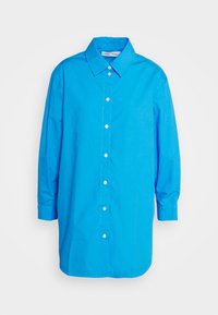 Blue button-up shirt made of smooth cotton, featuring a classic collar, long sleeves, and a straight cut with visible buttons down the front.