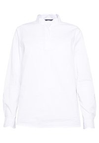 Vit långärmad skjorta i bomull med ståkrage, framknäppning och knappade ärmslut, med en jämn, enfärgad textur.