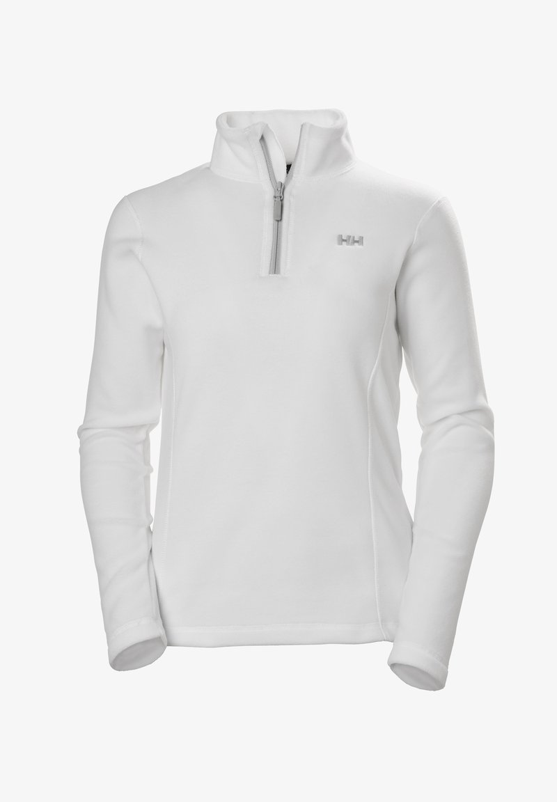 Pull polaire blanc à manches longues avec fermeture éclair au quart et col montant, avec un petit logo embossé sur la poitrine gauche.