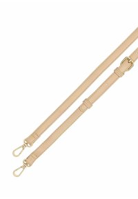 Beżowy skórzany pasek z złotym wykończeniem, o gładkiej fakturze, regulowanej długości oraz z zapięciami z obu końców.