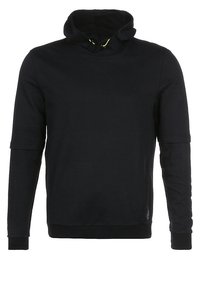 Felpa nera con cappuccio realizzata in tessuto morbido, con collo alto, maniche lunghe e un piccolo logo decorativo. Texture liscia con una vestibilità leggermente ampia.