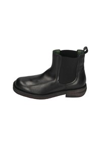 Black leather Chelsea boot with elastic side panels, green lining, rounded toe, and a low brown wooden heel. Features a pull tab on the back.