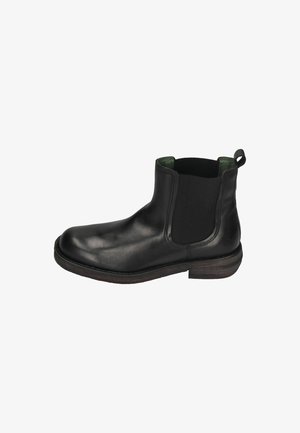 Black leather Chelsea boot with elastic side panels, green lining, rounded toe, and a low brown wooden heel. Features a pull tab on the back.
