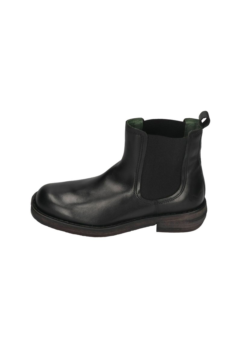 Black leather Chelsea boot with elastic side panels, green lining, rounded toe, and a low brown wooden heel. Features a pull tab on the back.