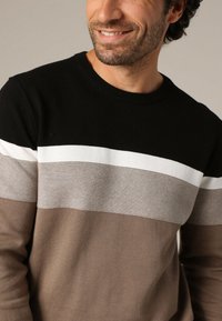 Gebreide trui met horizontale strepen in zwart, wit, grijs en tannenkleur. Klassieke ronde halslijn en gestructureerde stof.
