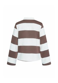 Stripet skjorte med brede vandrette brune og hvide striber, lange ærmer og krave. Fremstillet af tekstureret stof med en afslappet pasform.