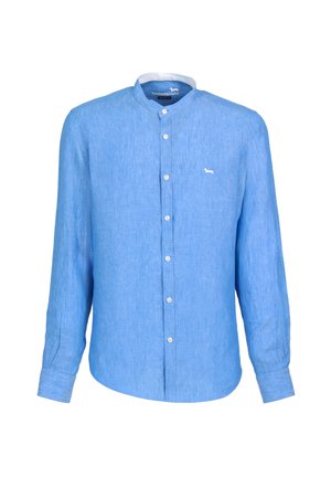 Lichtblauw linnen overhemd met lange mouwen. Voorzien van een button-down kraag, knopen aan de voorkant en een klein wit logo op de linkerborst.