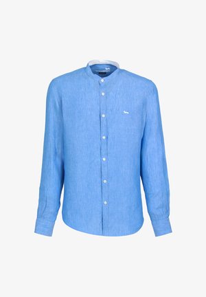 Lichtblauw linnen overhemd met lange mouwen. Voorzien van een button-down kraag, knopen aan de voorkant en een klein wit logo op de linkerborst.