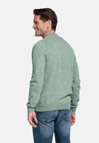 Lichtgroene gebreide trui met een ronde halslijn, geribbelde manchetten en zoom. Glad textuur met een subtiel gemeleerd patroon.