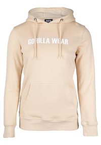 Beige hoodie met een voorzak, capuchon met trekkoord en de tekst "GORILLA WEAR" in het wit. Zachte textuur, casual pasvorm, lange mouwen.