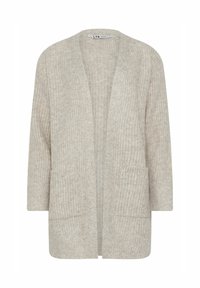 Cardigan lavorato a maglia beige con apertura frontale, maniche lunghe e due tasche frontali. Tessuto testurizzato con una vestibilità rilassata e design minimalista.