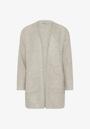 Beige gebreide cardigan met open voorkant, lange mouwen en twee voorzakken. Textuurstof met een ontspannen pasvorm en minimalistisch ontwerp.
