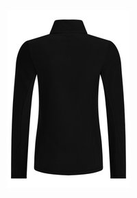 Zwarte nauwsluitende lange mouwen jas met een hoge kraag, gezien van achteren, met strakke lijnen en zonder zichtbare sluitingen of versieringen.