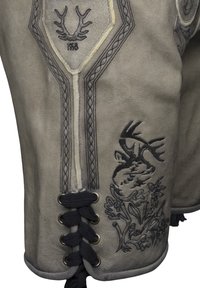 Graue traditionelle kurze Lederjacke mit schwarzer Stickerei von Rehen und Laub, verziert mit dekorativen Nähten und Schnürdetails.